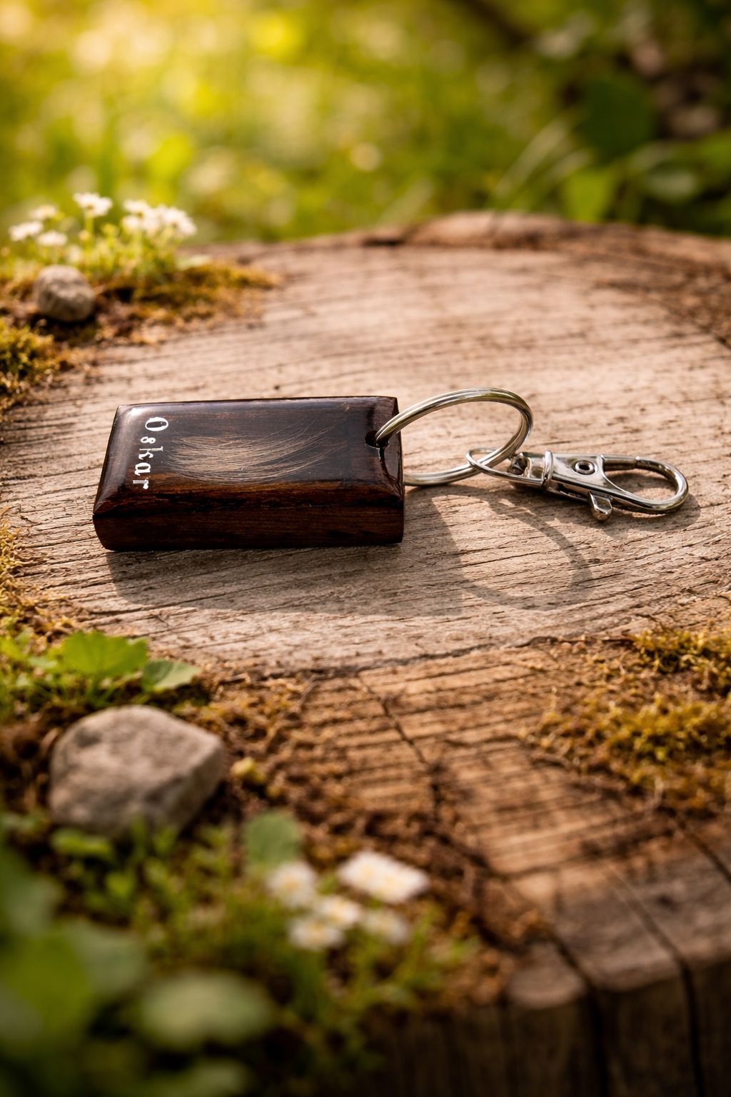 Schlüsselanhänger aus Holz & Epoxidharz mit eingelegter Fellsträhne — handgefertigt von Fellfeeling