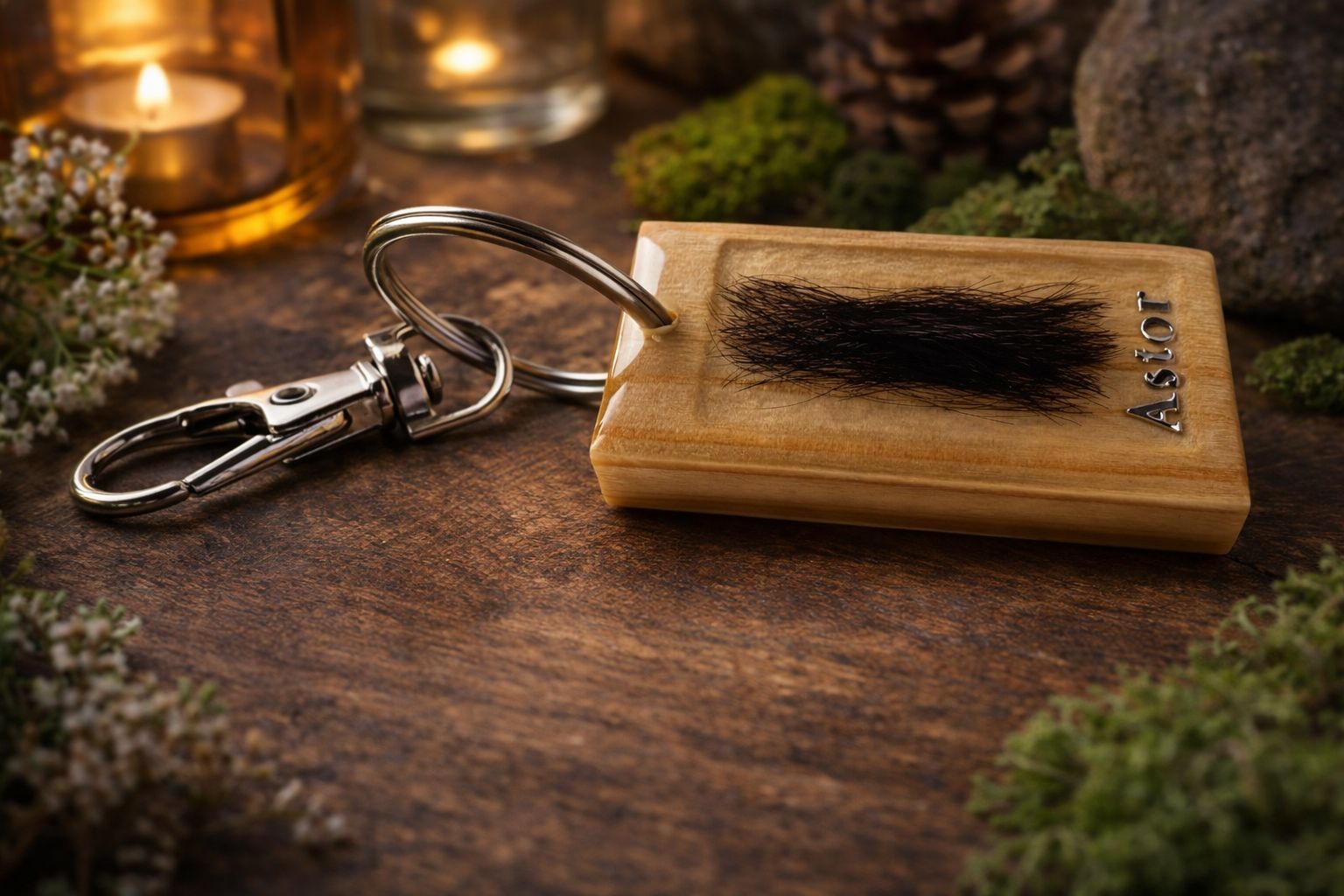 Schlüsselanhänger aus Holz & Epoxidharz mit eingelegter Fellsträhne — handgefertigt von Fellfeeling